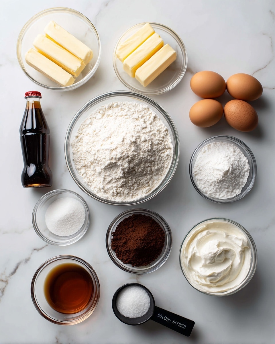 The image shows various ingredients for baking laid out on a white marbled surface. At the center is a large clear bowl filled with white all-purpose flour. To the right of it, there are smaller clear bowls containing dark brown cocoa powder with a small scoop taken from the center, white sugar, white baking soda, white baking powder, and white salt. Above the flour are two brown eggs placed side by side. Above the eggs is a clear bowl with two yellow sticks of butter. To the left, there is a bottle of dark Coca-Cola, a small clear bowl with amber-colored vanilla extract, and below that, a black measuring cup filled with white sour cream. All items are neatly placed with clear labels identifying each ingredient. The photo taken with an iphone --ar 4:5 --v 7