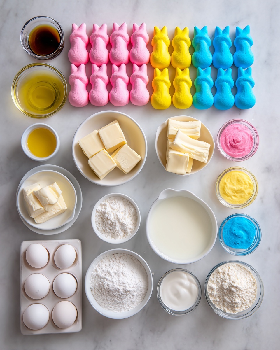 The image shows various baking ingredients arranged neatly on a white marbled surface. There are three colorful rows of marshmallow chicks in pink, blue, and yellow at the top. Below them, there are several small white bowls holding different ingredients: a bowl of oil on the far left, white sugar next to sticks of butter, and eggs in a carton to the left bottom. To the right, you see white bowls containing milk, vanilla extract, cream of tartar, salt, flour, powdered sugar, and marshmallow creme. Small containers of food coloring in pink, blue, and yellow are placed near the top right. Each bowl and ingredient is clearly labeled in black text on a white background. photo taken with an iphone --ar 4:5 --v 7