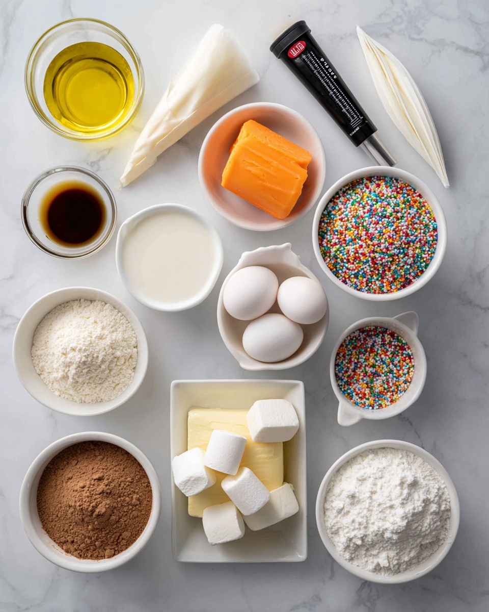 A white marbled surface holds several small white bowls and containers arranged neatly each filled with different baking ingredients. Starting from the left, there is vegetable oil in a bowl, vanilla in a small container, salt in another small bowl, and a white piping bag filled with buttercream pointing to the right. Near the center, a white bowl of milk is positioned below two white eggs in a shallow white dish, with a container of bright orange fondant and a small bowl full of soft white marshmallows above them. To the right, there is a square white dish holding colorful sprinkles, a round bowl filled with light brown cocoa powder underneath it, and another bowl of white flour next to a small pile of white baking powder in a square dish. Finally, a mound of granulated sugar is seen in a bowl near the top right, and a tube of black icing placed diagonally at the top edge. All items are set on a smooth white marbled surface photo taken with an iphone --ar 4:5 --v 7