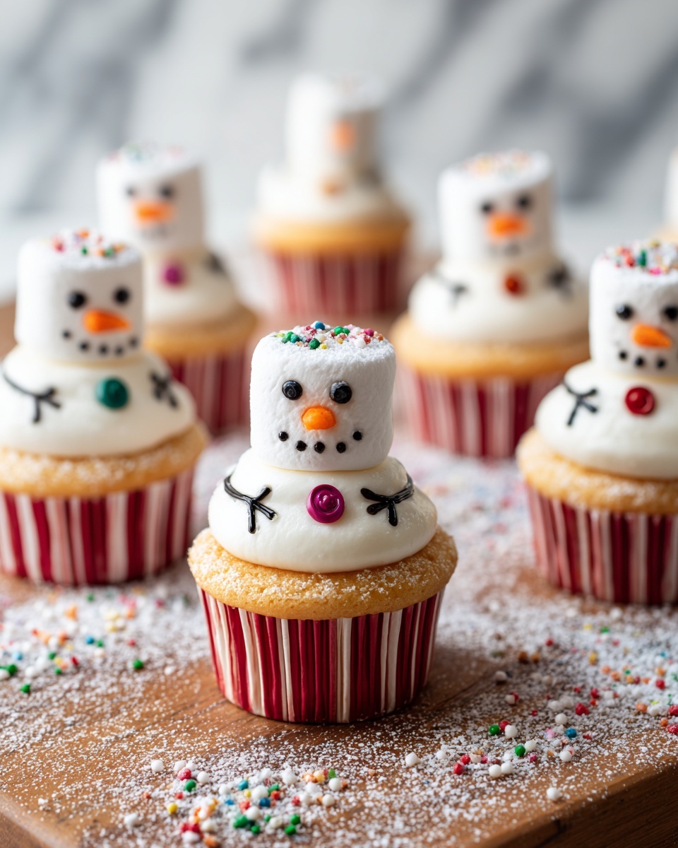 This image shows several festive cupcakes on a white marbled texture surface. Each cupcake has a red and white striped paper liner, with a layer of white frosting on top. On the frosting, there is a large white marshmallow standing vertically to form the snowman's head. The snowman faces are made with small black dots for eyes and mouths, and an orange candy nose. The frosting layer also has small colored buttons—green, blue, or yellow—and simple black lines drawn to look like arms. The cupcakes are arranged in a loose group, with colorful round sprinkles scattered on the surface and a light dusting of powdered sugar. The background is soft and blurred, emphasizing the playful snowman cupcakes. Photo taken with an iphone --ar 4:5 --v 7