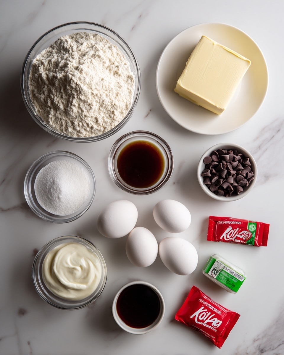 The image shows a set of baking ingredients on a white marbled surface. Near the top left is a large clear glass bowl filled with white flour. To its right is a white plate holding a block of pale yellow butter. Next to the butter, on the far right, is a small clear bowl filled with dark chocolate chips, and below it is a red packet of Kool-Aid. Below the butter to the left is a small clear bowl with a white powdery substance, likely salt. Below that is a medium clear bowl with white powdered sugar. In the center are two white eggs sitting side by side, and next to them on the left is a small clear bowl of plain yogurt. There is also a small clear bowl with white baking powder below the yogurt. To the left of that is a small clear bowl with dark vanilla extract, and below all these is a large clear bowl with white sugar. Near the bottom right corner are two small bottles of food coloring, one green and one red. All ingredients are arranged in a neat layout on the white marbled surface, with soft natural lighting coming from above photo taken with an iphone --ar 4:5 --v 7