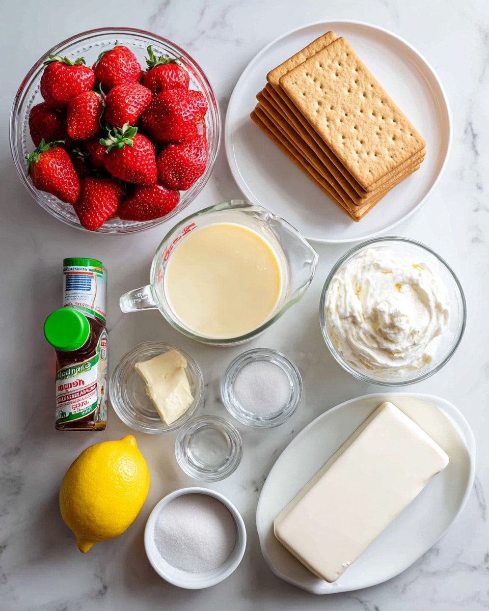 The image shows several ingredients arranged neatly on a white marbled surface: a clear glass bowl filled with bright red strawberries in the top left corner, a stack of light brown graham crackers placed on a white plate in the top right. Below these, a clear glass measuring cup holds pale yellow sweet condensed milk, next to a glass measuring cup filled with white heavy cream. A bright yellow lemon is positioned near the center, with a green bottle of vanilla extract standing upright below the sugar and beside a small glass of clear water. To the right, a small white plate holds a slab of full fat cream cheese with a smooth, creamy texture. Small white bowls containing granulated sugar, cornstarch, and salt complete the layout. All ingredients are clearly labeled. Photo taken with an iphone --ar 4:5 --v 7