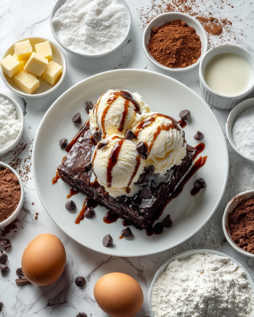 A white plate sits in the center of a white marbled surface, holding a rich chocolate brownie topped with scoops of creamy vanilla ice cream. The ice cream is drizzled with thick, glossy chocolate syrup that pools slightly around the base of the brownie. Small dark chocolate chips are scattered on top and around the plate, adding texture. The background features small bowls arranged in a circle around the plate, each filled with ingredients like golden yellow cubes of butter, white granulated sugar, light brown soft sugar, dark brown crunchy sugar, two brown eggs, and fine white flour dusted with cocoa powder. The overall scene is well-lit, showing the textures and colors vividly. photo taken with an iphone --ar 4:5 --v 7