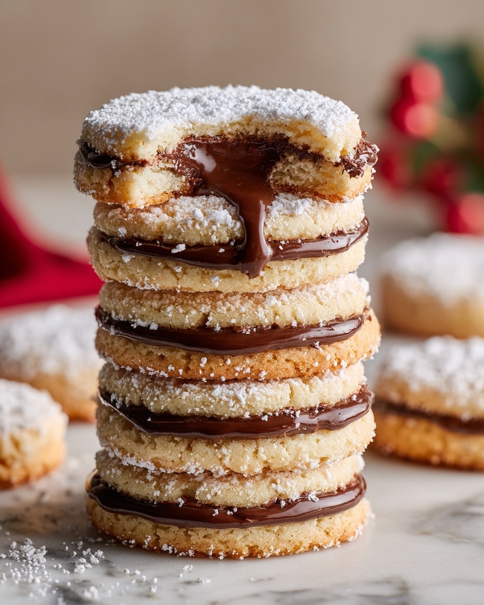 A stack of seven round cookies with a golden brown color and crumbly texture are layered with thick, dark chocolate spread between each cookie. The top cookie has a bite taken out, showing the soft crumb inside and the chocolate filling. Each cookie is dusted with white powdered sugar, giving a soft snowy look on top. The stack is placed on a white marbled surface with a blurred background hinting at a red and green object. Photo taken with an iphone --ar 4:5 --v 7