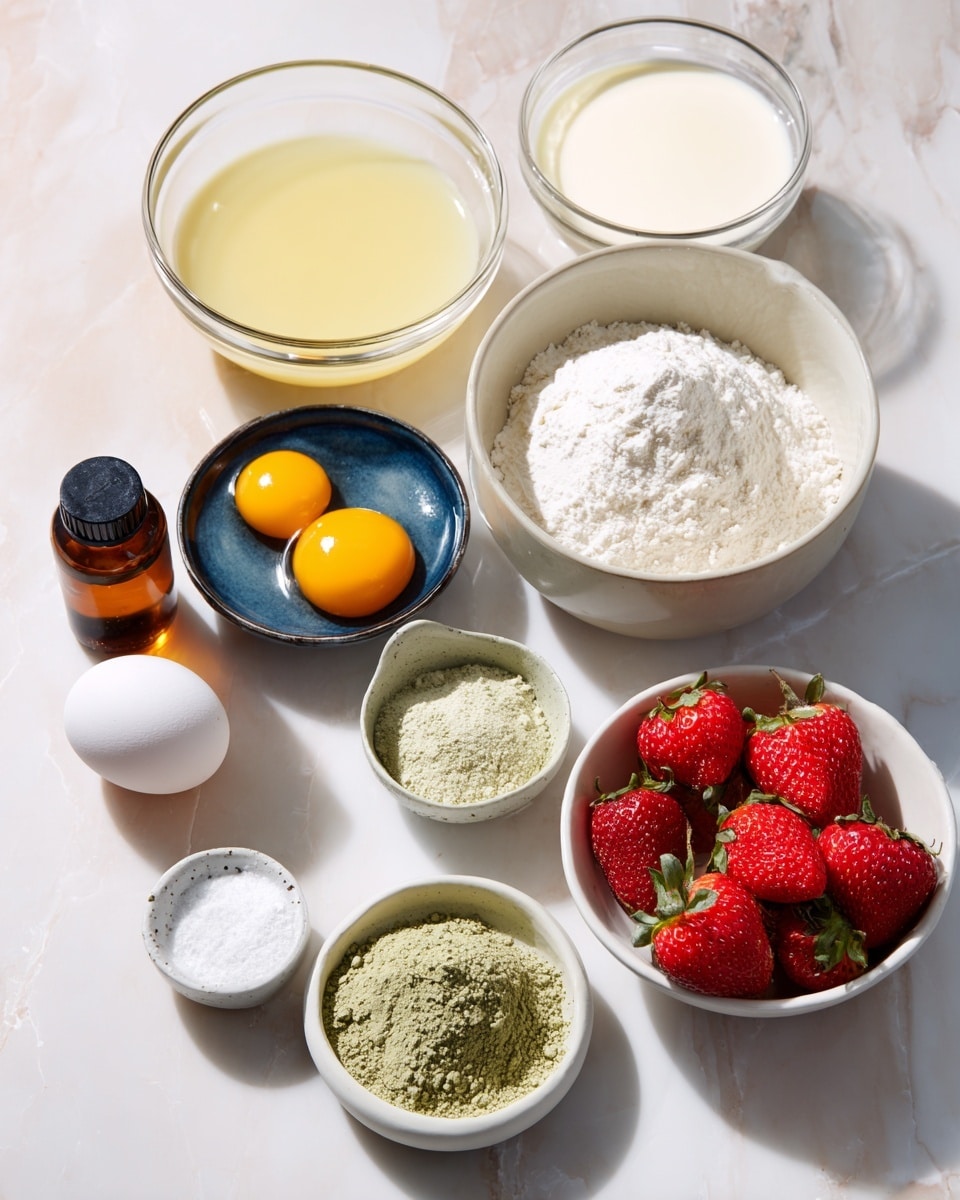 The image shows a variety of ingredients placed on a white marbled surface. There are two medium clear glass bowls at the back, one with a light yellow liquid and the other with a creamy white liquid. In front of them are four small white bowls with dark blue outer surfaces, containing flour, sugar, two egg yolks, and milk or cream, arranged side by side. To the right, there is a small white dish filled with bright red strawberries with green tops. In front of the blue bowls are three small white bowls spaced evenly, holding green powder, a white powder, and another white powder respectively. A small amber-colored bottle with a black cap is placed near the strawberries. The arrangement is neat and well-lit. photo taken with an iphone --ar 4:5 --v 7