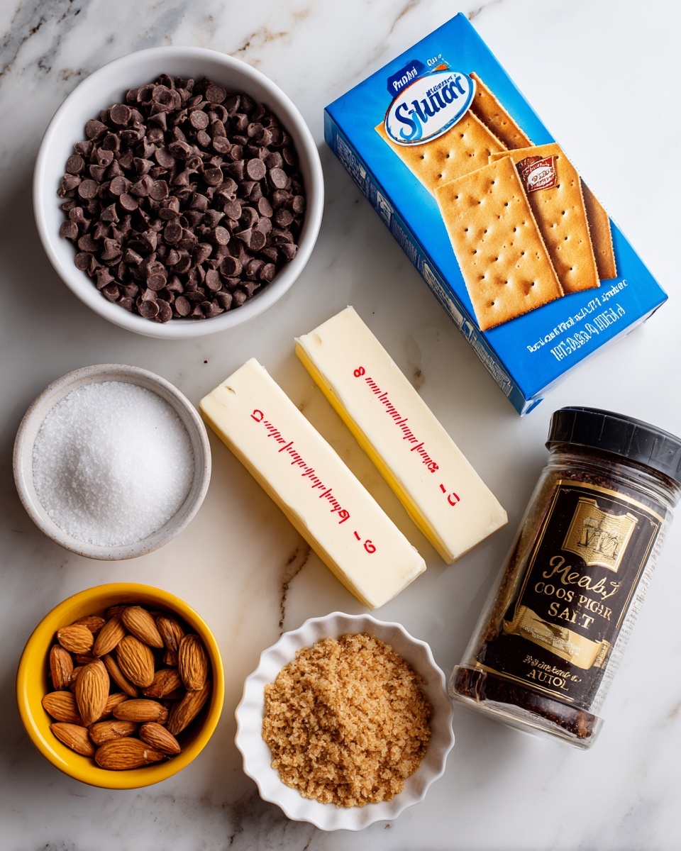 A collection of ingredients arranged on a white marbled surface includes a white bowl filled with many small, dark brown semi-sweet or dark chocolate chips on the left; next to it is a blue box of Honey Maid graham crackers standing upright showing two golden crackers on the front. Below the bowl and box are two sticks of unsalted butter aligned side by side, each marked with red measurement lines. To the right of the butter is a small white bowl holding white sea salt crystals, and next to it is a dark brown container of coarse sea salt with gold and white lettering. In front of the butter is a yellow bowl filled with chopped almonds, showing light brown almond pieces. A scalloped white dish contains tightly packed brown sugar with a fine texture. photo taken with an iphone --ar 4:5 --v 7