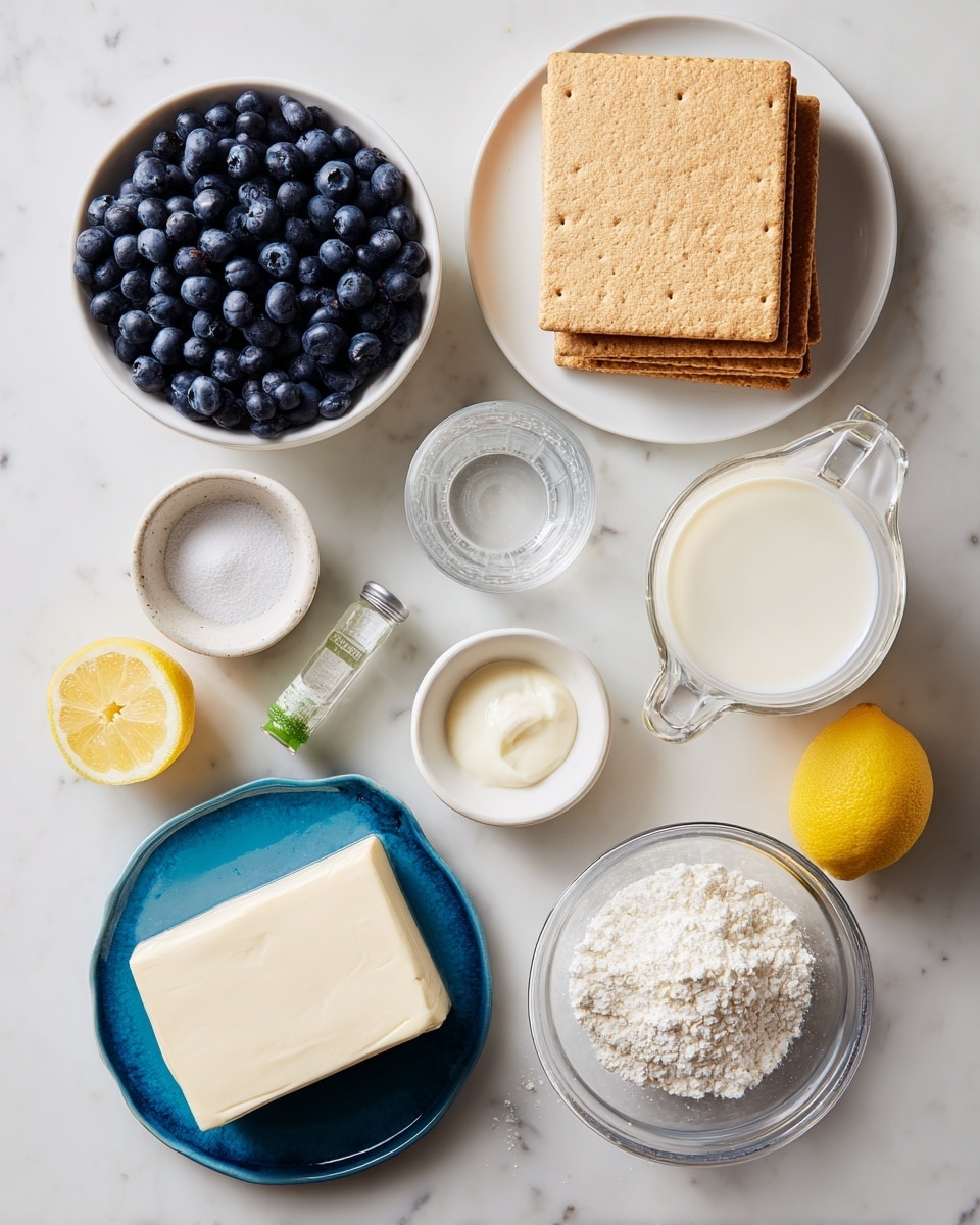 The image shows various ingredients arranged neatly on a white marbled surface. There is a white bowl filled with dark blue, plump blueberries on the top left and a white plate stacked with rectangular light brown graham crackers to the right. Below them, a small white bowl contains off-white granulated sugar. Next to the sugar is a glass measuring cup full of heavy cream, and to its right is another glass measuring cup with whole milk. Near the bottom center is a bright yellow lemon. Below the lemon is a blue plate holding a thick block of full fat cream cheese. Small white bowls hold white cornstarch and a light coating of salt. There is a small clear glass of water and a green bottle of vanilla extract near the center of the image. The arrangement is clear and orderly with a clean, bright look. Photo taken with an iphone --ar 4:5 --v 7