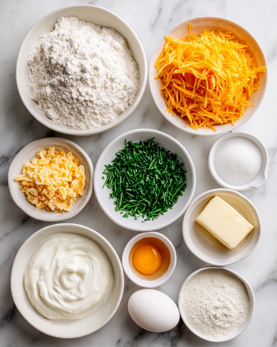 The image shows twelve white bowls arranged on a white marbled surface, each holding a different ingredient for cooking. The largest bowl at the top left is filled with all-purpose flour, white and powdery, while to its right is a bowl of bright orange shredded cheddar cheese, fine and stringy. In the center is a smaller bowl filled with chopped fresh chives, vibrant green and finely cut. Below the flour is a bowl with white buttermilk, smooth and liquid, and next to it on the right is a bowl holding a single raw egg, with a clear white and bright yellow yolk. Surrounding these are smaller bowls holding dried minced onions in golden yellow flakes, unsalted butter in a pale yellow stick shape, baking powder and salt, both white and powdered finely, honey in a bowl filled with amber liquid, granulated sugar showing small light beige grains, and baking soda, also a fine white powder. All bowls are neatly spaced on the white marbled surface creating a clean and organized look photo taken with an iphone --ar 4:5 --v 7