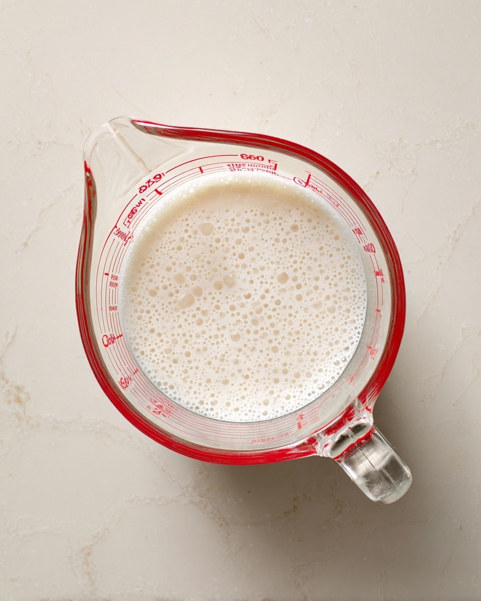 A clear glass measuring cup with red measurement markings on the side is shown from above, filled about one third with bubbly, frothy white liquid starter. The liquid has small bubbles throughout, giving it a light and airy texture. The cup is placed on a white marbled surface, and the smooth, curved rim of the cup shines with a slight reflection. Photo taken with an iphone --ar 4:5 --v 7