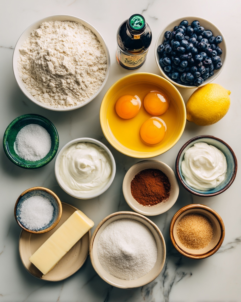 The image shows various baking ingredients arranged neatly on a white marbled surface. There are two white bowls at the top, one filled with all-purpose flour which is light beige and powdery, and the other filled with dark blue, round blueberries. Below them, a yellow bowl holds two large eggs with bright orange yolks, and another similar yellow bowl contains thick white Greek yogurt. A small white bowl contains white baking soda, while another small white bowl holds white salt, and the third one has light beige baking powder. There is also a small white bowl filled with reddish-brown cinnamon powder. A tan ceramic bowl is filled with light brown granulated sugar, and next to it, a small white bowl holds deeper brown sugar. Two sticks of unsalted butter with light yellow color are placed near a dark green bottle labeled as vanilla extract. A bright yellow lemon completes the ingredient set. Each item is labeled with black text on white backgrounds above or near them. Photo taken with an iphone --ar 4:5 --v 7