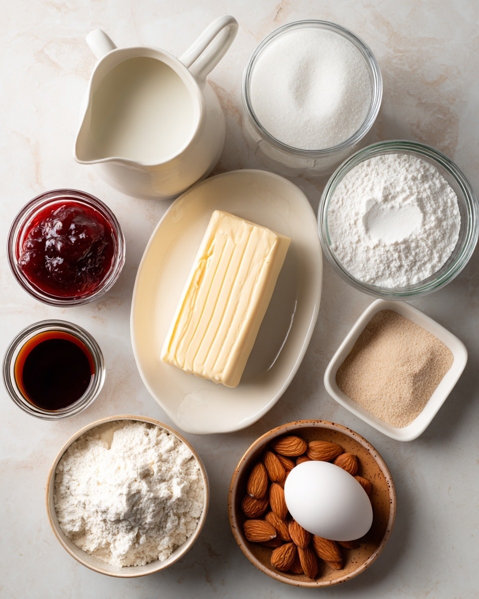 The image shows various baking ingredients arranged neatly on a white marbled surface. There is a small white ceramic pitcher with milk in the center back, a block of butter on a white oval plate with a light brown rim placed slightly in front of it. To the right, a clear glass jar holds white sugar, next to it is a clear glass bowl filled with white powdered sugar, and in front of that is a small white bowl with flour. On the left side, a small glass with red jam sits next to a tiny glass jar with dark vanilla extract, a clear glass with light brown powder, and a small square glass bowl with more white powder. In the foreground, a brown small plate holds a white egg and some whole almonds. All the items are evenly spaced and clearly visible, creating a clean and simple arrangement. Photo taken with an iphone --ar 4:5 --v 7