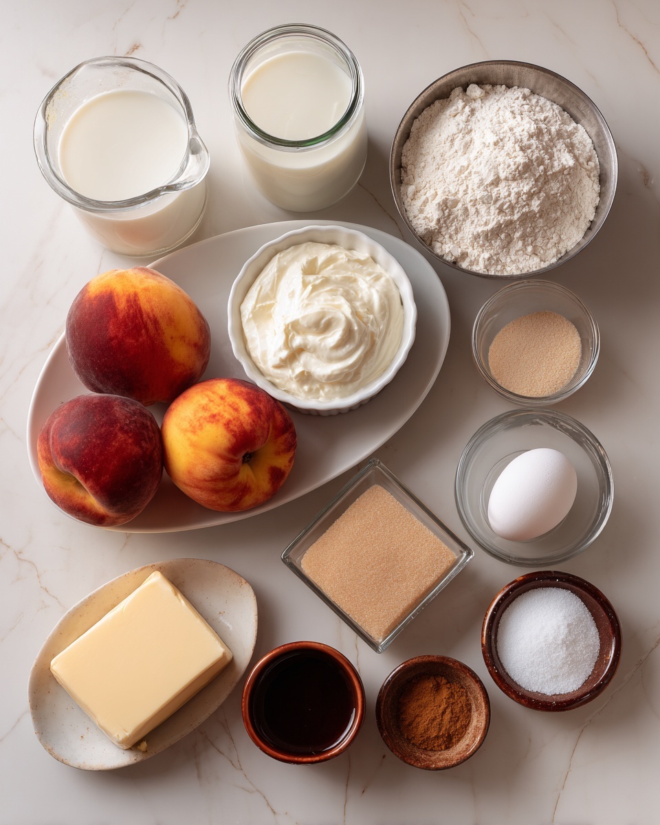 The image shows the ingredients for a recipe neatly arranged on a white marbled surface. In the center, two ripe peaches with red and yellow skin sit on a small white oval plate. Above them is a white ramekin filled with thick white cream. To the left of the ramekin is a glass jar filled with milk, and next to that, a metal cup filled with white flour. To the right of the ramekin is a square glass container of light brown sugar, and next to it are two small clear glasses, one with a white powder and one with a light yellow liquid. Below the peaches, there is a small brown cup holding a block of butter, and beside it a shallow brown dish with three piles of spices and baking powder in shades of white, light brown, and medium brown. A small glass jar of dark vanilla extract sits near the flour, and a white egg rests in a small white oval dish with a rough brown rim. photo taken with an iphone --ar 4:5 --v 7
