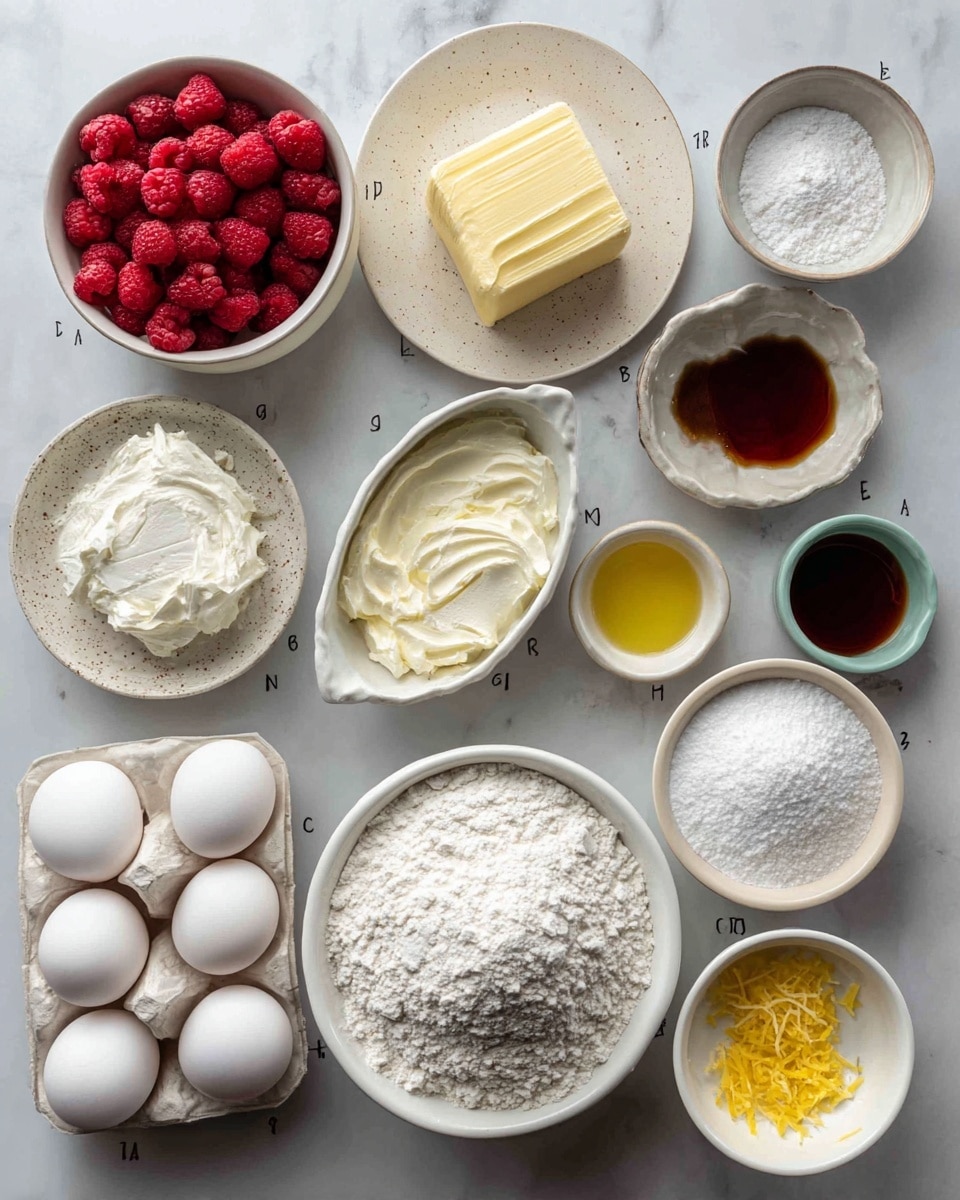 The image shows an overhead view of various baking ingredients neatly arranged on a white marbled surface. There is one large white bowl filled with flour positioned near the bottom center. Around it are smaller white and beige bowls containing sugar, oil, baking powder, baking soda, salt, powdered sugar, lemon juice, and sour cream. To the left, a white bowl holds bright red raspberries, and a square block of butter rests on a small beige speckled plate near the top left. Three white eggs sit in a white egg tray at the bottom left next to an oval white dish with cream cheese. A small glass container holds vanilla extract near the center, while a small white plate holds yellow lemon zest. The labels with black text identify each ingredient, placed close to their containers. Photo taken with an iphone --ar 4:5 --v 7