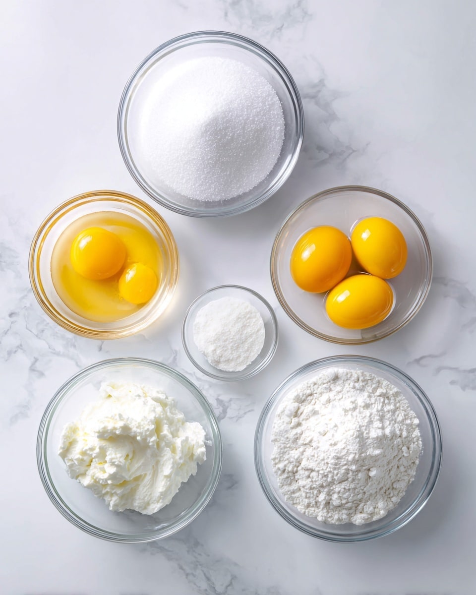 The image shows five clear glass bowls placed on a white marbled surface. The top left bowl contains a fine white granulated substance labeled sugar. To its right is a bowl with six bright yellow egg yolks, smooth and round. Below the yolks, a tiny bowl holds a small amount of white powder labeled cream of tartar. On the bottom left, a bowl contains translucent egg whites with a slightly yellow tint. Finally, the bottom right bowl is filled with soft, white powder labeled cake flour. Each bowl is clean and neatly arranged with labels above or below them. Photo taken with an iphone --ar 4:5 --v 7