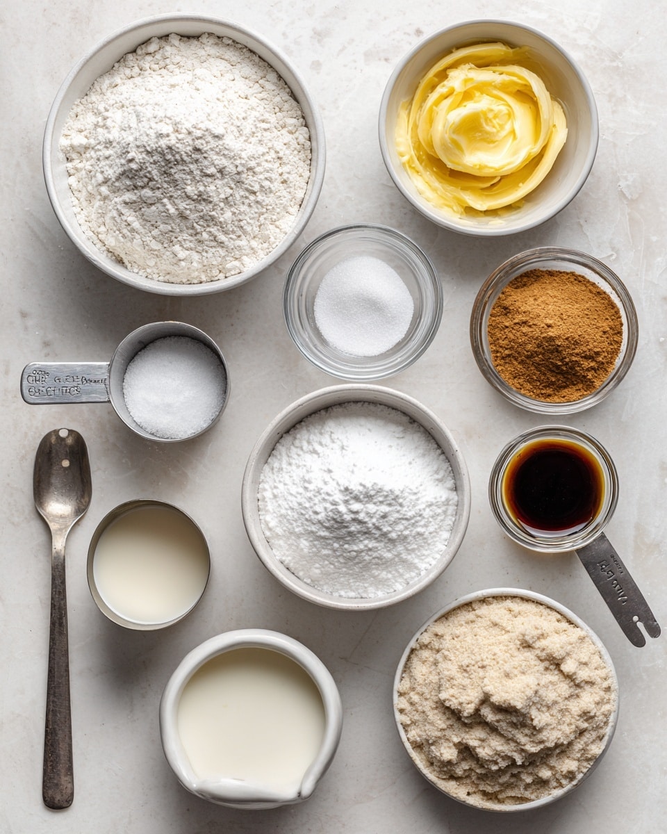 A flat lay image shows various baking ingredients arranged on a white marbled surface. There is a white bowl filled with white gluten-free 1:1 flour on the top left. To its right, a metal measuring spoon holds white cornstarch. Below the flour, a small clear bowl has salt, next to it on the right, a metal spoon contains brown ginger powder. On the right side, a white bowl holds melted vegan butter with yellow and creamy textures. Below the salt, a metal spoon filled with white baking powder is placed. Next to it on the right, a metal measuring cup is full of white organic cane sugar. Below that, a small glass bowl contains dark vanilla extract. A white bowl on the bottom left holds creamy plant milk, and to the right of it, another white bowl is filled with light beige unsweetened applesauce. Next to that is an empty small glass bowl labeled butter extract. The textures are soft and powdery and the overall arrangement is clean and organized. Photo taken with an iphone --ar 4:5 --v 7