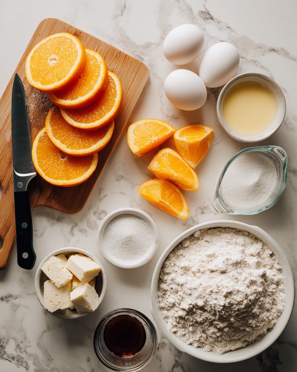 The image shows a white marbled surface with several ingredients for baking. On the left, there is a wooden cutting board with a black-handled knife on top. The board holds orange slices in three shapes: wedges, half-moon slices, and small cubes, all fresh and bright orange. Surrounding the board are small white bowls with different ingredients: one bowl has three white eggs, another bowl contains white powder, and a third bowl holds dark amber liquid. There is a glass measuring cup filled with white flour and another smaller cup with white sugar. A larger glass cup holds a light yellow liquid. The setup looks clean and organized, ready for baking preparation. photo taken with an iphone --ar 4:5 --v 7