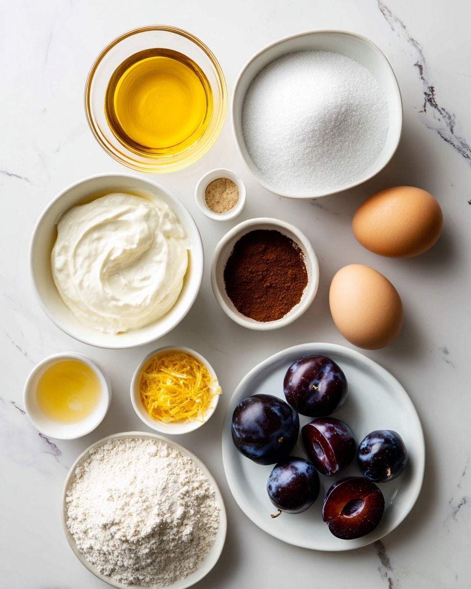 A top view of various cooking ingredients arranged on a white marbled surface: a clear glass container of golden olive oil at the top left, a white bowl filled with fine white sugar to its right, a white bowl holding two brown eggs below the sugar, and a small white dish with light amber vanilla extract to the right of the eggs. Below the vanilla extract, a small white bowl filled with brown demerara sugar. Toward the center left, a white bowl with smooth and thick white Greek yogurt, and beneath it, a small white plate with bright yellow lemon zest. In the center, a white plate holds four dark purple plums, two whole and two sliced, showing deep red flesh. Near the bottom left, a white plate with a heap of off-white flour, and next to it, a small uneven white scoop of fine white salt, along with a small white bowl of baking powder. Everything is spaced evenly across the white marbled surface. Photo taken with an iphone --ar 4:5 --v 7
