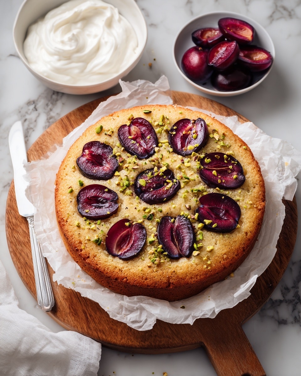 A round golden brown cake topped with sliced dark red and purple plums arranged in a circular pattern, sprinkled with small green crushed nuts, rests on crumpled parchment paper over a white fluted plate. To the top right, a white plate holds whole and sliced plums showing their deep red flesh. On the top left side, there is a small white bowl filled with thick white cream. All these sit on a wooden cutting board, placed on a white marbled surface with a white cloth partially visible on the bottom right. A knife with a white handle is on the right side of the cake. Photo taken with an iphone --ar 4:5 --v 7