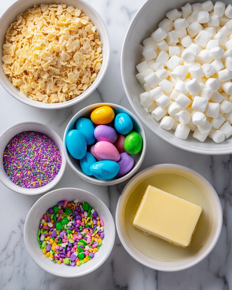 The image shows five white bowls on a white marbled surface, each filled with different baking ingredients. The largest bowl contains light golden crispy rice cereal with a rough texture. Another large bowl is filled with soft, small white marshmallows piled high. A medium-sized bowl holds colorful candy-coated chocolate eggs in shades of blue, pink, yellow, green, and purple, arranged loosely. A small bowl has a smooth block of pale yellow butter sitting in liquid melted butter. The smallest bowl contains a mix of bright, colorful sprinkles in colors like green, yellow, purple, and pink, with different shapes and sizes scattered inside. Photo taken with an iphone --ar 4:5 --v 7