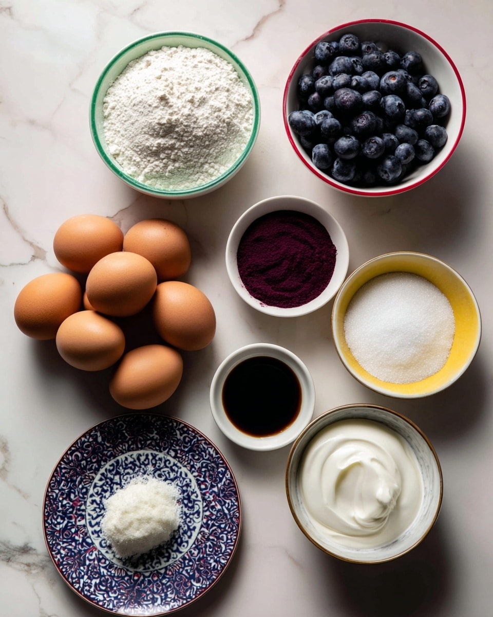 The image shows a white marbled surface with various baking ingredients arranged neatly. In the center, there is a pile of nine brown eggs. At the top left, there is a white bowl with a green rim filled with white flour. Next to it, on the right, a small white bowl with a yellow rim contains dark purple powder. Above the eggs, on the top right, a white bowl with a red rim is full of fresh blueberries. Below the eggs, on the right side, a medium-sized white bowl with a thin gold rim is filled with white granulated sugar. To the left of the sugar bowl, there is a small colorful bowl with thick dark liquid, possibly vanilla extract. Finally, on the bottom left, two plates overlap: a white plate with a blue pattern underneath and a small maroon plate on top holding a dollop of white cream or frosting, with some white powder spilled on the blue plate. Photo taken with an iphone --ar 4:5 --v 7