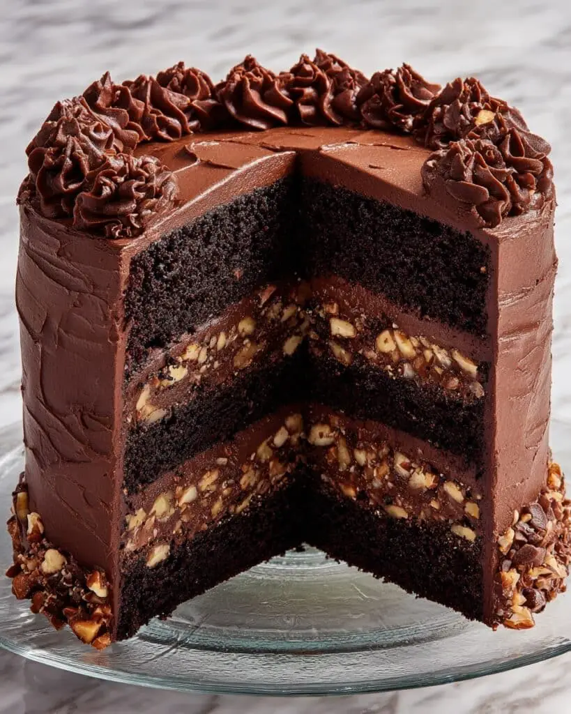 Black Velvet Cake with Coconut, Pecan, and Chocolate Cream Cheese Frosting Recipe