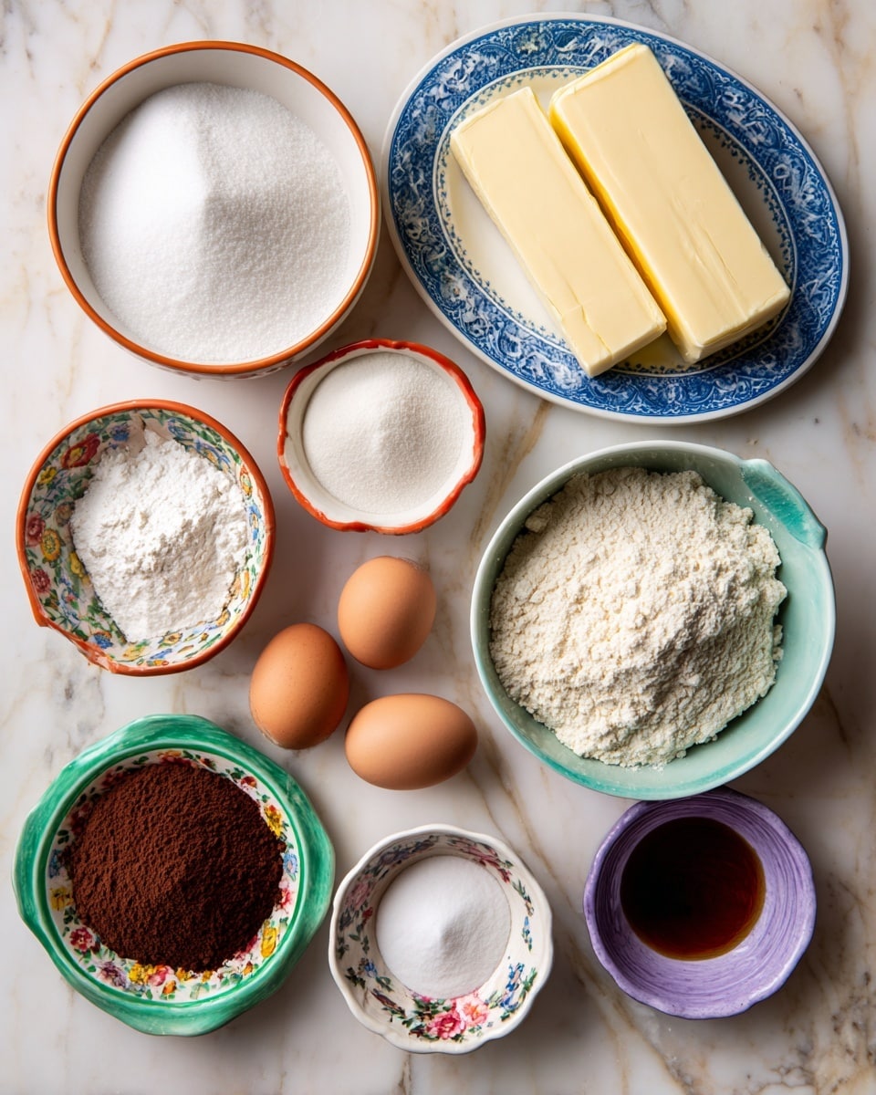 The image shows several small white bowls and colorful small dishes arranged neatly on a white marbled surface. There are two large sticks of pale yellow butter on a blue and white plate on the top right. Below and to the left of that, a large white bowl is filled with white sugar. Next to it, an orange-rimmed small white bowl holds a white powder, likely baking soda. Below that is a large white bowl full of white flour with a rough texture. A small green-edged plate has dark brown cocoa powder inside. Nearby, a colorful floral bowl is empty. On the lower left, a small floral plate contains white baking powder. Above it, a white bowl holds a light cream liquid. In the center, two brown eggs rest next to a purple small dish filled with a dark amber liquid, likely vanilla extract. The bowls and dishes form a loose circle on the surface. Photo taken with an iphone --ar 4:5 --v 7