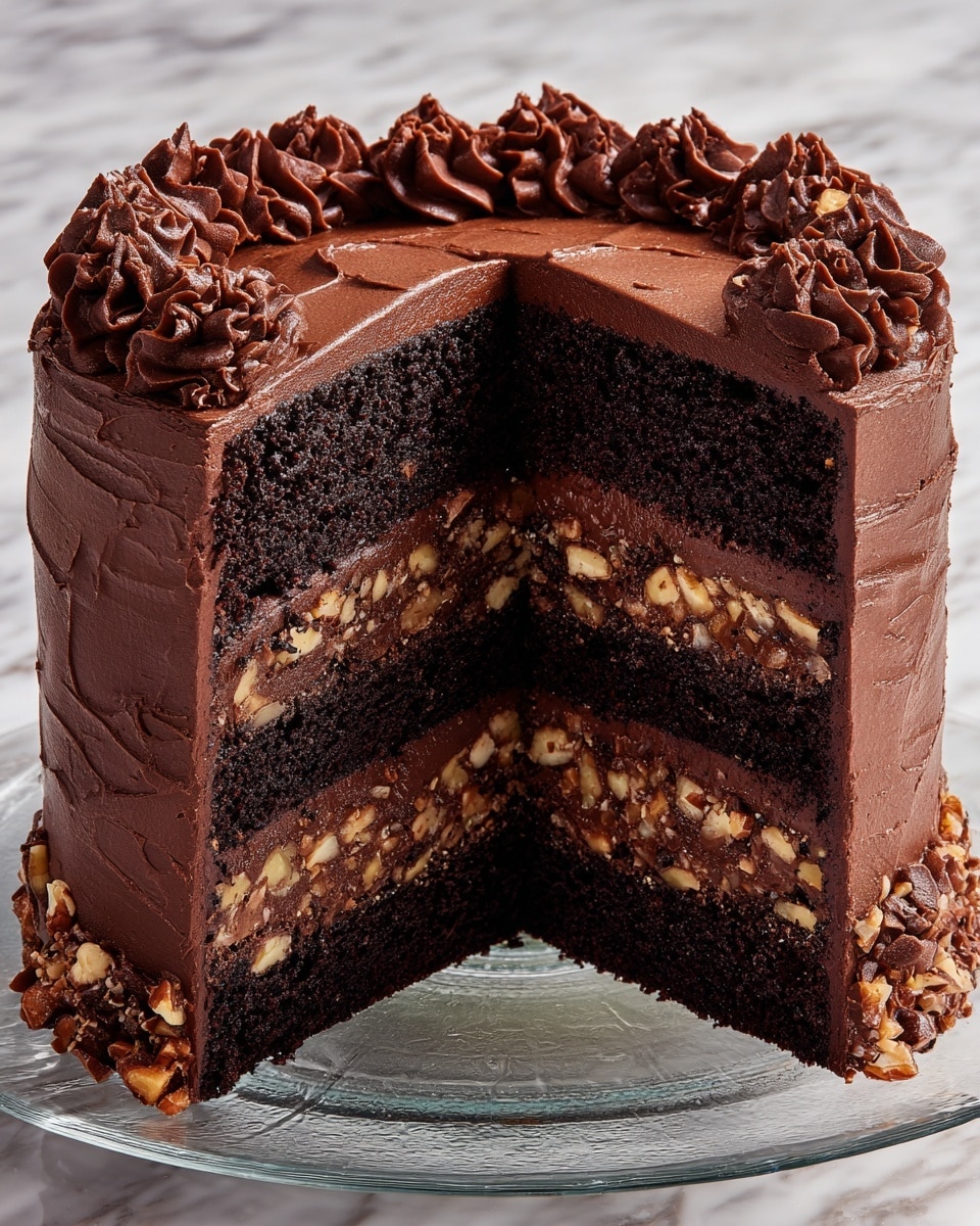 A tall, dark chocolate cake with three thick layers of moist black cake separated by rich, textured dark chocolate frosting that has bits of nuts or chunks inside. The outside is covered in smooth dark chocolate frosting with slight swirls, and the top has a rough, thick, and chunky layer of the same dark frosting. A large slice is cut to show the inside layers clearly. The cake sits on a white plate on a white marbled surface. Photo taken with an iphone --ar 4:5 --v 7