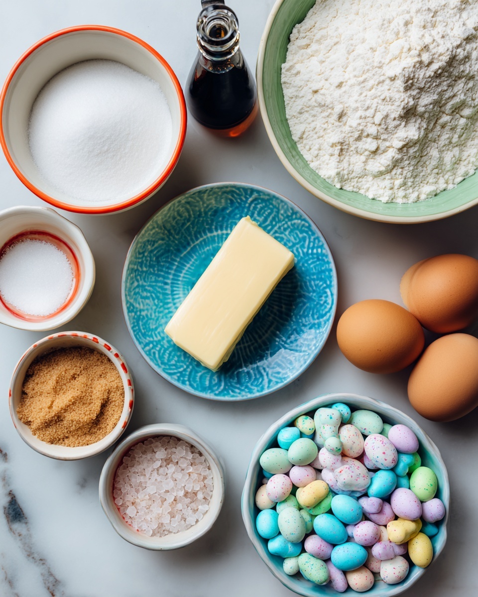 The image shows ingredients arranged on a white marbled surface with a colorful small bowl filled with pastel-colored speckled candy eggs at the bottom right. Next to it are two brown eggs placed side by side. Above is a blue and white plate holding a block of pale yellow butter. To the left of the eggs is a small dark bottle of vanilla extract. Above the bottle, a white bowl with a green rim is filled with white flour. On the top left, a white bowl with an orange rim contains white sugar, and next to it is a red-rimmed white bowl holding light brown sugar. Below these bowls is a blue and white plate holding small piles of salt and baking goods. Photo taken with an iphone --ar 4:5 --v 7