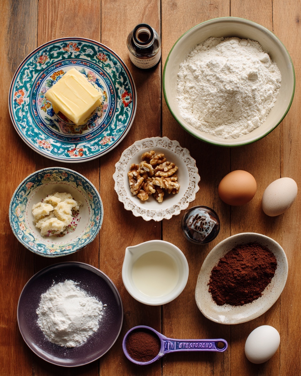 A flat lay of various baking ingredients is shown against a wooden surface, with each ingredient in a small bowl or plate arranged in a loose grid. There is a white bowl with a green rim filled with white flour in the top right, a white bowl with colorful patterns filled with white sugar near it, a blue and white patterned plate holding a block of yellow butter in the center, a small white bowl with a scalloped edge containing chopped walnuts, a small bottle of vanilla extract, a bowl of pale cream, a single brown egg placed directly on the surface, a bowl with a white liquid, a small dark purple plate with two white powders, a small decorative bowl with dark brown cocoa powder, and a purple measuring spoon with a brown powder. The surface beneath is wooden with a warm tone. Photo taken with an iphone --ar 4:5 --v 7