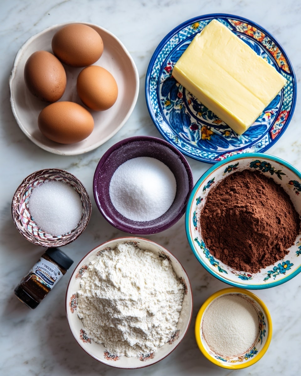 The image shows various baking ingredients placed neatly on a white marbled surface. There are three brown eggs on the left side, a white plate with white sugar below the eggs, and a small dark purple bowl filled with powdered sugar in the middle. Above the small bowl, there is a blue and white patterned plate holding a square block of yellow butter. To the right of the butter, a white bowl decorated with colorful patterns is filled with white flour. At the bottom left, a small dark bottle labeled vanilla bean paste sits next to a white bowl with a purple rim filled with almond flour. Finally, to the bottom right, a small yellow-rimmed bowl contains brown cocoa powder. All ingredients are arranged compactly on the surface. photo taken with an iphone --ar 4:5 --v 7
