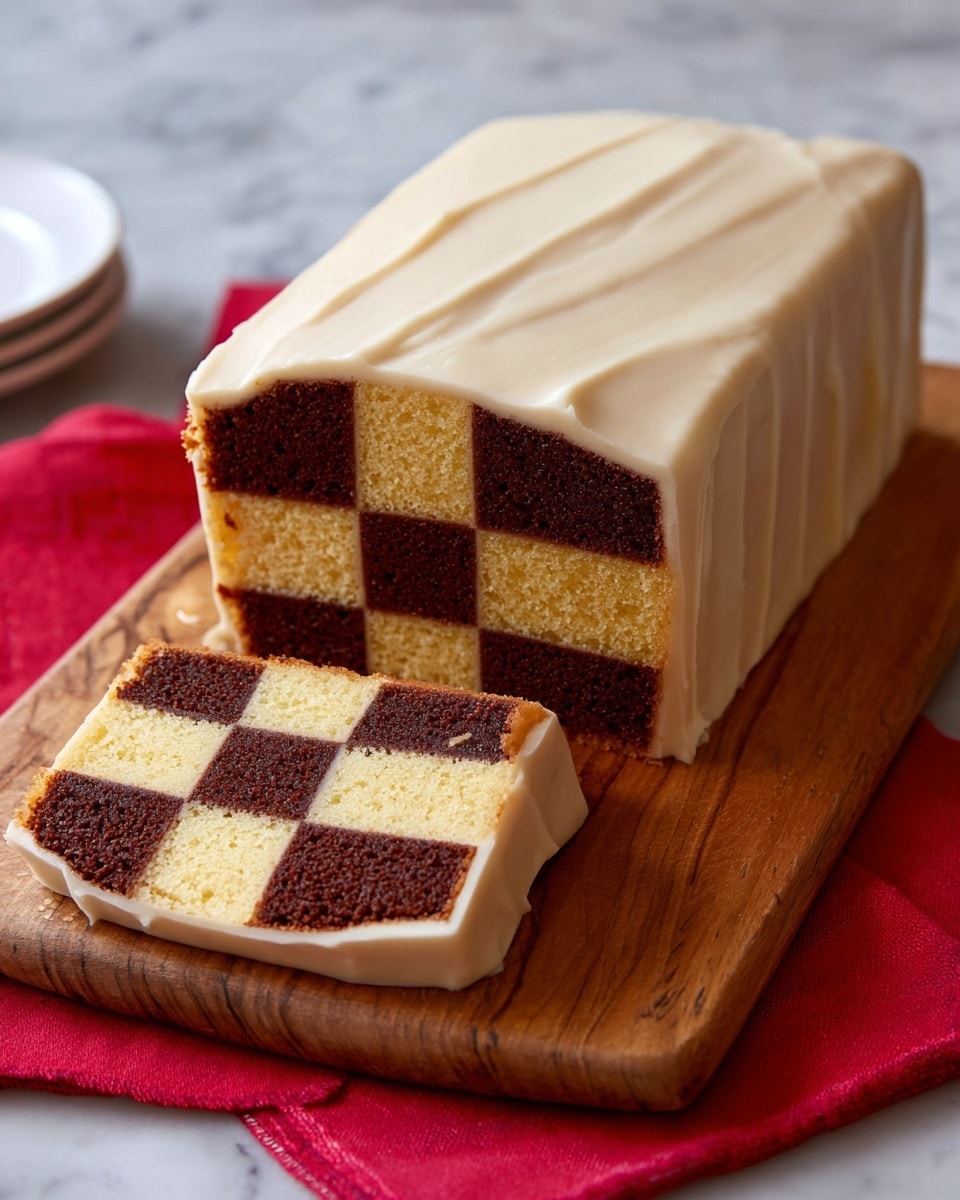 A rectangular cake is shown with a smooth, light beige outer layer covering all sides. Inside, the cake is divided into four square sections arranged in a checkerboard pattern, alternating between two layers: one dark brown with a textured, crumbly look, and one light yellow with a soft, spongy texture. The cake sits on a large wooden board with a natural grain and knots, placed on a bright red cloth. The background surface is white with a marbled texture. Photo taken with an iphone --ar 4:5 --v 7