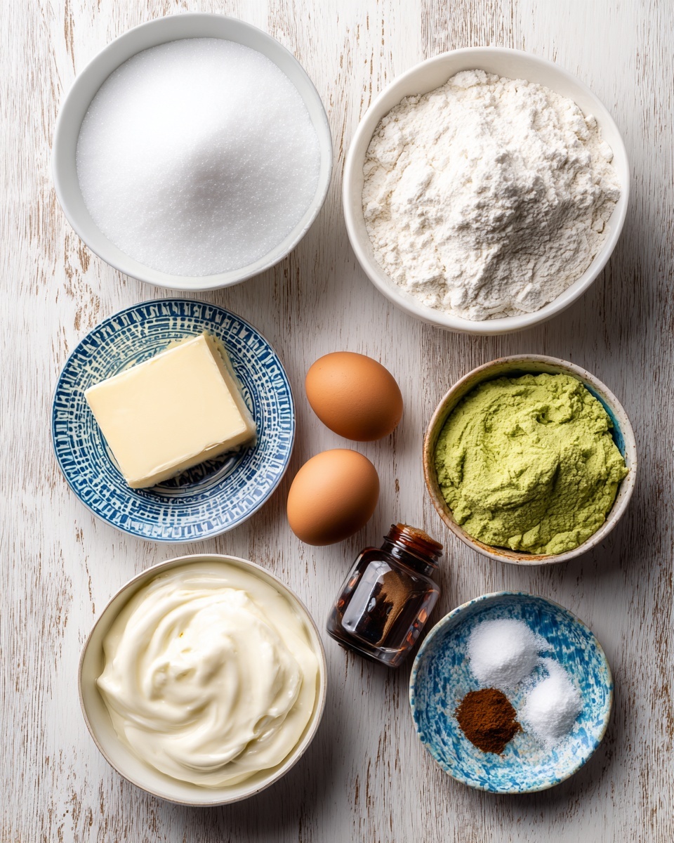 The image shows several baking ingredients arranged neatly on a wooden surface with a white marbled texture. There is a large white bowl filled with white granulated sugar on the top left and another large white bowl with white flour on the top right. In the middle left, a small blue and white patterned plate holds a thick square of butter. Next to it is a small colorful bowl filled with a green paste, possibly matcha or pistachio paste. Below, a round white bowl contains a smooth, thick white cream or frosting. Three brown eggs are placed in the center. Near the eggs is a small brown bottle of vanilla extract. On the bottom right, another blue and white patterned plate has small piles of white powder, brown powder, and salt, each separated clearly. The overall setting is clean with the ingredients displayed in an organized way. Photo taken with an iphone --ar 4:5 --v 7