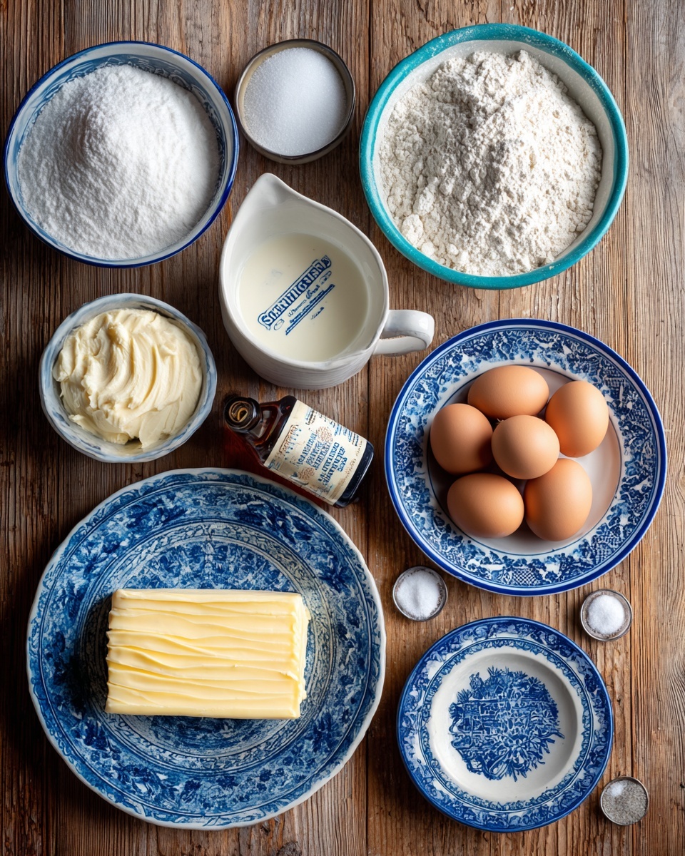 A top-down view shows seven small white bowls and plates arranged neatly on a wooden surface. There is one bowl filled with white sugar, one bowl filled with white flour, a white measuring cup filled with cream, and a blue and white patterned plate with a thick yellow slab of butter. Another blue and white plate holds five whole brown eggs, while another smaller blue and white plate contains a small brown bottle of vanilla extract next to a blue and white saucer with small white powders, likely baking soda and salt. The background is a flat wooden texture. photo taken with an iphone --ar 4:5 --v 7