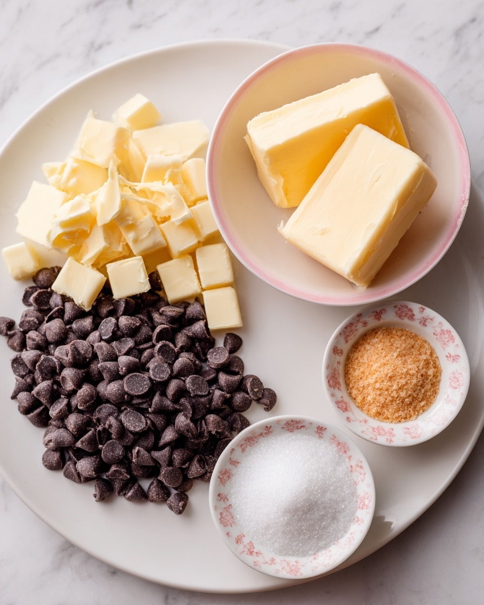 A white plate holds a mix of round dark chocolate chips and small chunks of pale yellow butter on the left side. Beside it, a small white bowl with a pink rim contains two soft, pale yellow butter pieces. To the right, there are two small white floral patterned bowls; one holds a pile of orange-brown powder, and the other is filled with white granulated sugar. All are placed on a white marbled surface photo taken with an iphone --ar 4:5 --v 7