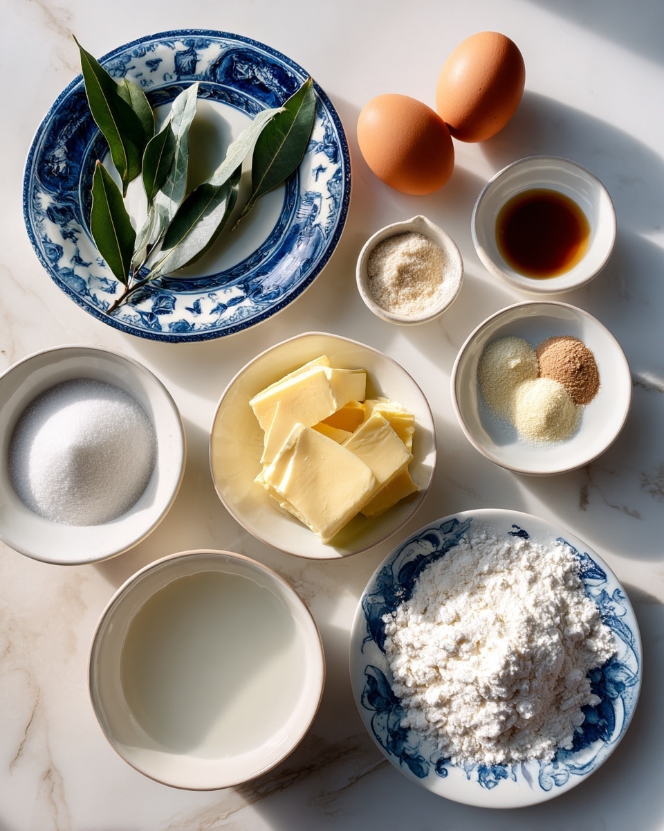 The image shows several baking ingredients arranged neatly on a white marbled surface. There are three plates and three bowls, all white except one blue and white patterned plate filled with three green bay leaves and small piles of white, light brown, and beige powders. One white bowl holds soft yellow butter slices, another blue and white bowl contains a white liquid, and a small white bowl holds brown liquid. There are two brown eggs placed next to a white bowl filled with white sugar. All items are spaced evenly and captured in natural light. Photo taken with an iphone --ar 4:5 --v 7