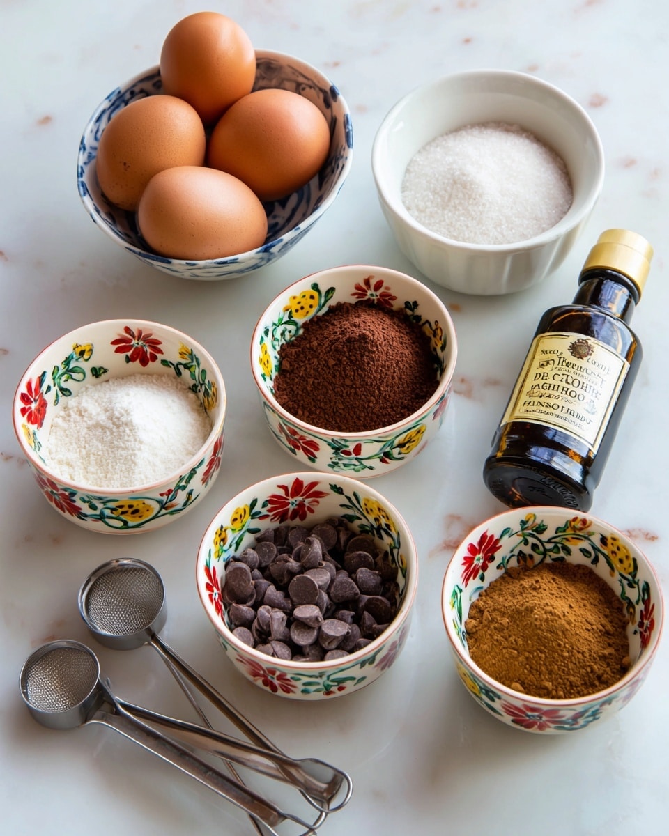 The image shows a white marbled surface with several baking ingredients arranged neatly. There are three brown eggs in the center, surrounded by small white bowls with colorful floral patterns containing cocoa powder, powdered sugar, and brown sugar. A white bowl with chocolate chips sits next to a bottle of vanilla extract. Measuring spoons are also visible on the left side. The colors range from rich brown and white powders to the warm yellow and red flower designs on the bowls. photo taken with an iphone --ar 4:5 --v 7
