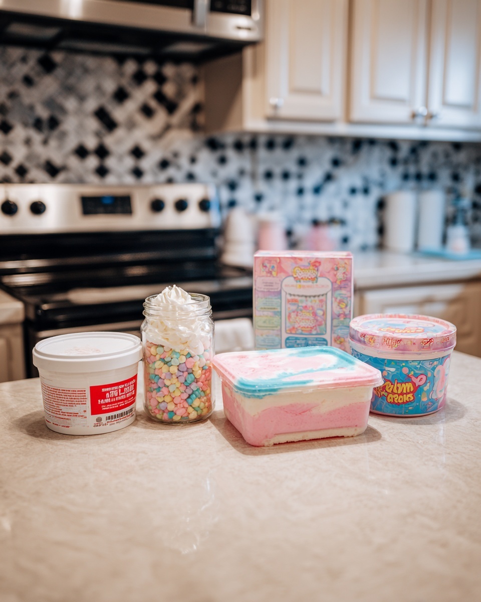 The image shows a light beige kitchen counter with five colorful dessert containers lined up in front of a stove with a patterned black and white tile backsplash. From left to right: a white tub of whipped cream with red and blue labeling, a small clear bottle filled with pastel-colored sprinkles and topped with a white swirl resembling whipped cream, a large rectangular pink tub of cotton candy flavored ice cream with blue edges and light blue and pink swirls on the front, a partly visible white box with red and blue writing showing a hint of a cake snack, and a round white container of cotton candy with bright pink and blue designs. The kitchen has a clean, modern style and the photo is clear with bright lighting. Photo taken with an iphone --ar 4:5 --v 7