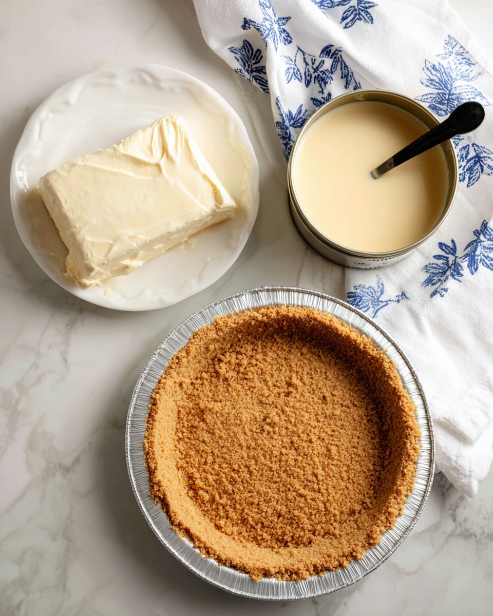 A graham cracker pie crust sits at the bottom right in a white foil pan, showing a smooth, light brown, crumbly texture. Above it to the left is a small white round plate holding a large block of cream cheese, which is smooth and white. Above that, slightly to the right, is an open tin of thick, pale yellow sweetened condensed milk with a black spoon inside. The surface underneath is white marble, and there's a white cloth with blue leaf patterns folded on the top right corner. Photo taken with an iphone --ar 4:5 --v 7