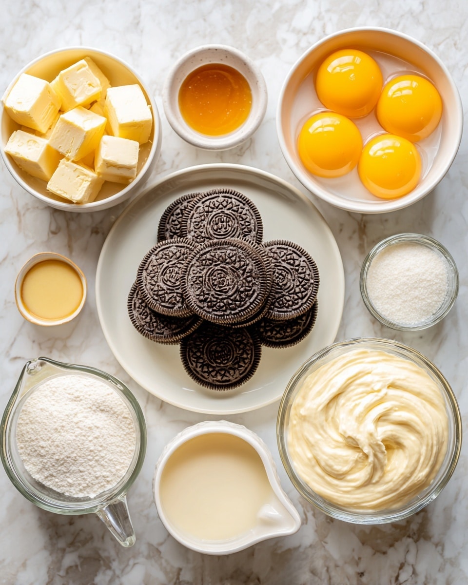 The image shows a white marbled surface with seven bowls and plates arranged neatly. In the center, there is a white plate filled with golden Oreo cookies stacked closely together, each cookie showing its ornate pattern. At the top right, a white bowl contains several large egg yolks, smooth and shiny with a vibrant deep yellow color. To the left of this is a small white bowl holding a clear amber liquid labeled vanilla extract. At the top left, a white bowl is filled with small cubes of pale yellow butter. Below the butter, a white bowl contains a fine white powder, powdered sugar. At the bottom left, there is a clear glass measuring cup filled with sweetened condensed milk that is creamy light beige in color. To the bottom right, another clear measuring cup holds thick, white heavy cream. In the middle right, there is a small white jug with pale yellow lemon juice inside. The overall look is clean, simple, and well organized, with all items placed on a white marbled background. photo taken with an iphone --ar 4:5 --v 7