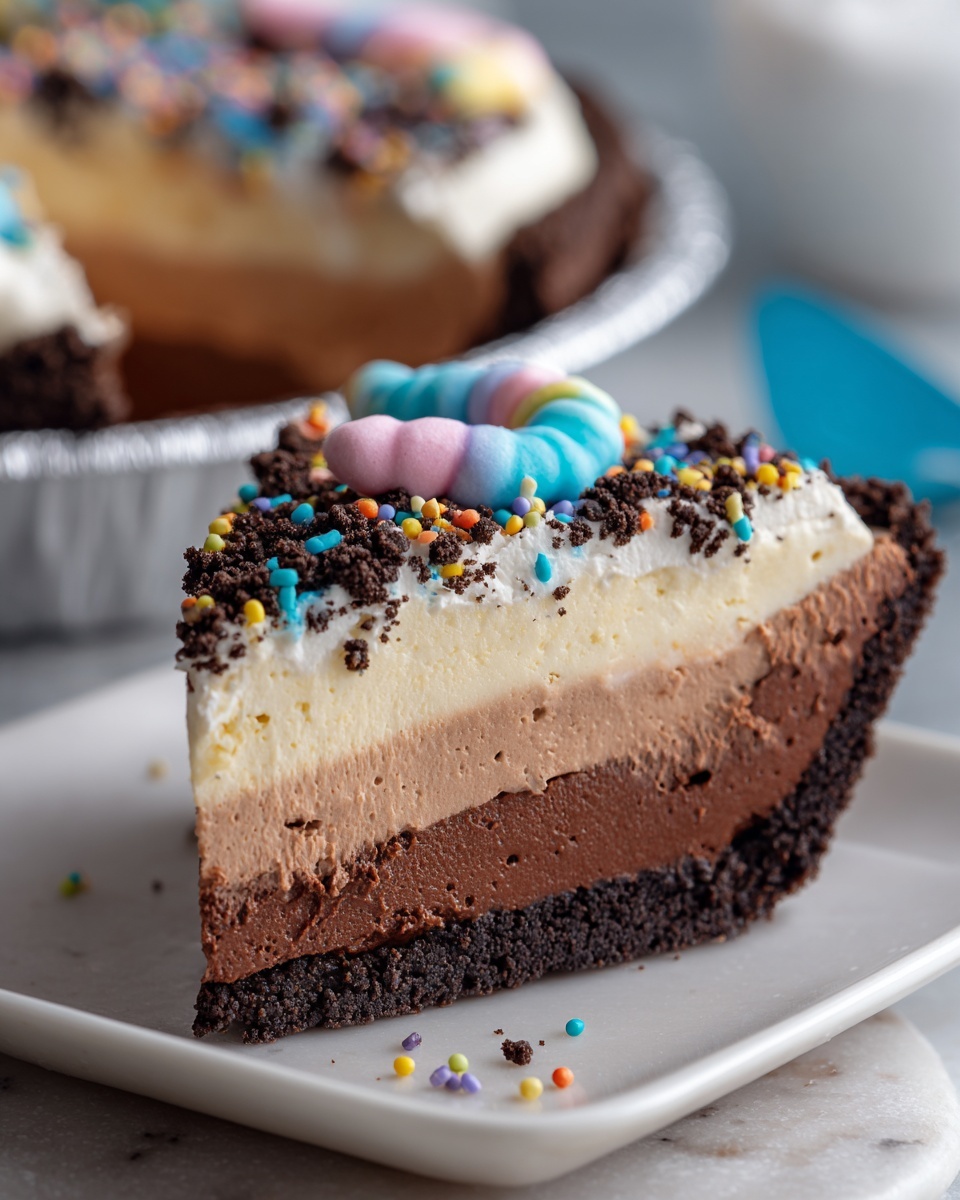 A close-up slice of a chocolate dessert sits on a white square plate on a wooden surface. The dessert has three layers: a dark crumbly chocolate crust at the bottom, a smooth and dense chocolate filling in the middle, and a topping of crushed dark chocolate cookies. On top of the crushed cookies, there is a colorful candy shaped like a worm, pink and blue in color, along with small round multicolored sprinkles scattered over the top. In the blurred background, a metal pie pan filled with the same dessert and topped with more colorful candy worms and sprinkles is visible. Photo taken with an iphone --ar 4:5 --v 7