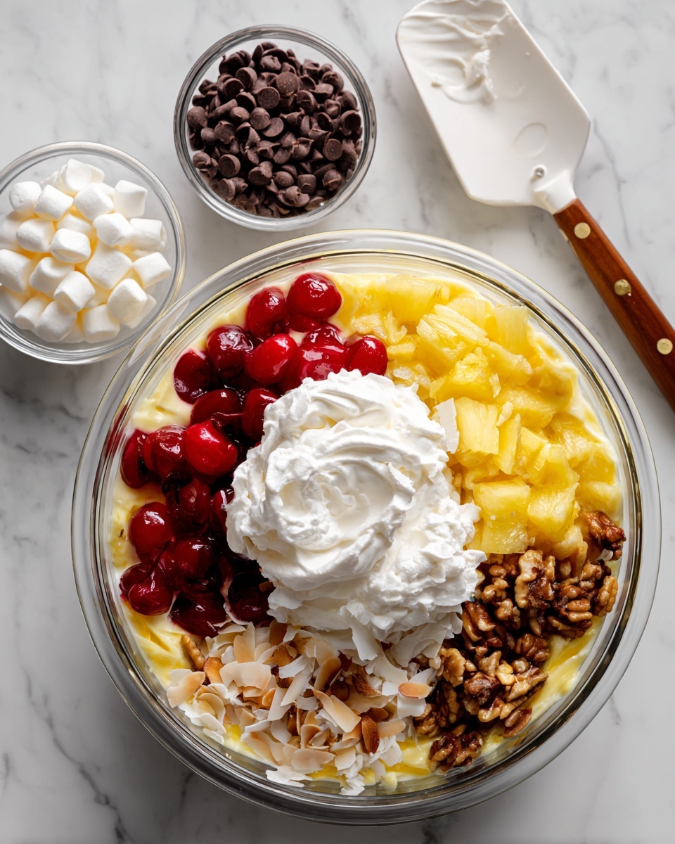 A clear glass bowl sits on a white marbled surface, filled with several layers of ingredients: bright yellow crushed pineapple, shiny red chopped cherries, chopped brown nuts, shredded white coconut, smooth creamy light yellow condensed milk, and a dollop of white whipped cream. Nearby, two smaller clear bowls hold mini white marshmallows and dark brown chocolate chips, while a white spatula with a wooden handle rests above the bowl. Photo taken with an iphone --ar 4:5 --v 7
