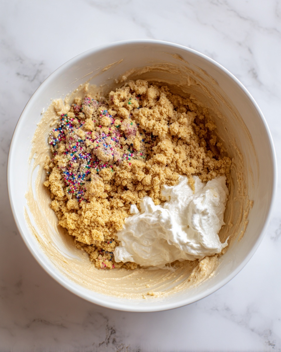 Inside a white bowl, there are three layers of ingredients. The bottom and surrounding layer is a creamy light beige batter with a smooth, thick texture that clings to the bowl’s sides. On top of that is a pile of crumbly, golden-brown crumbs with tiny colorful specks of red, purple, green, and blue, adding a speckled effect. To the right, a dollop of white whipped cream with soft peaks sits on the edge of the crumbs. The inside surface of the bowl shows smears of the beige batter. The whole scene is set on a white marbled surface. photo taken with an iphone --ar 4:5 --v 7