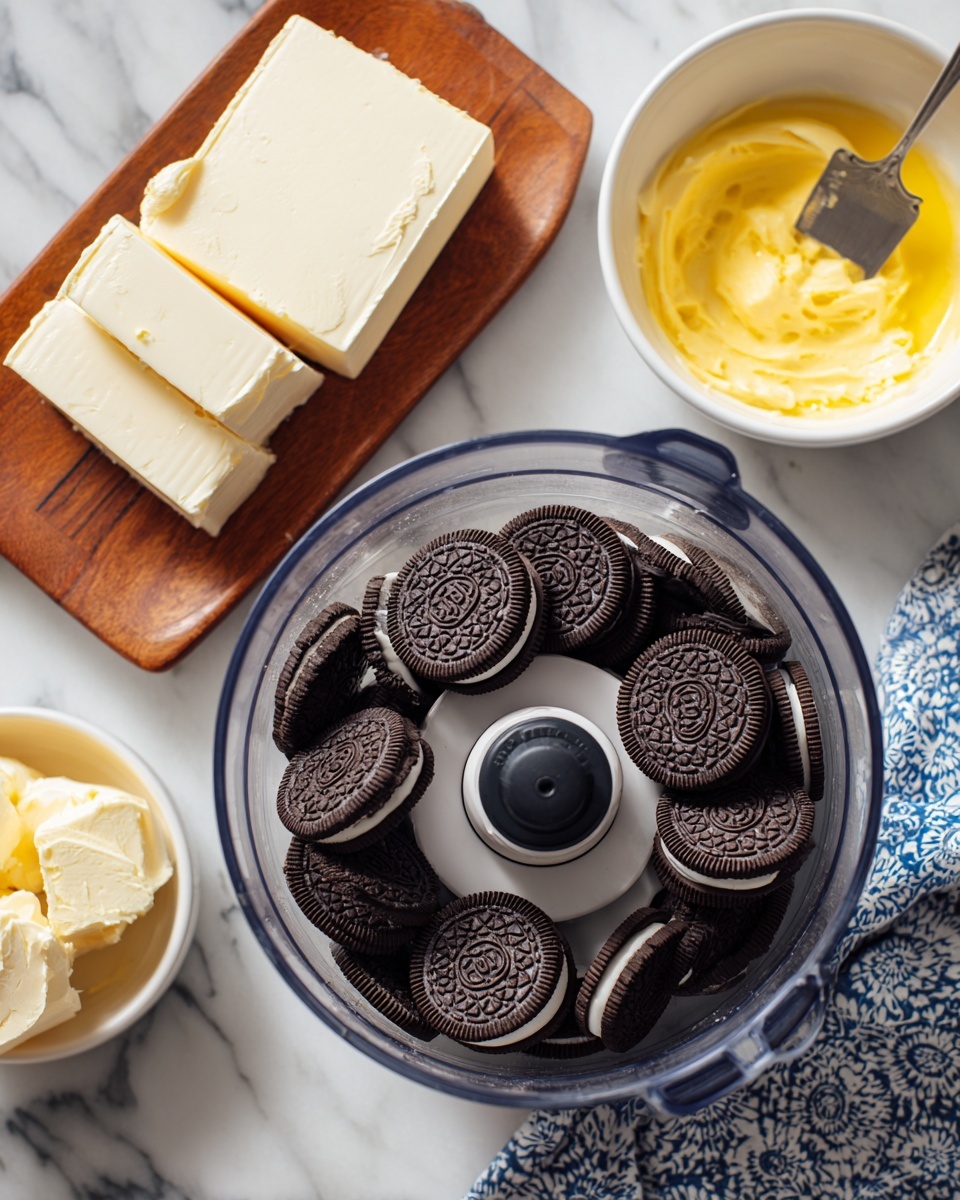 The image shows a clear food processor bowl filled with whole dark chocolate sandwich cookies with cream filling, arranged evenly around the central black blade hub. To the top left, there is a wooden tray holding three rectangular blocks of white cream cheese with a smooth texture. At the top right, a white bowl contains melted yellow butter with a slightly bubbly surface. The background is a white marble surface, and a blue and white patterned cloth is partially visible at the bottom right corner. Photo taken with an iphone --ar 4:5 --v 7