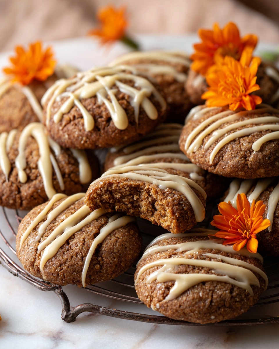 A pile of round, soft-looking brown cookies with a slightly uneven texture is shown resting on a metal cooling rack. Some cookies have light brown icing drizzled over them in irregular patterns, adding a smooth, creamy contrast to the rough cookie surface. The cookies vary slightly in color from light to medium brown, indicating a baked crisp around the edges. A couple of small orange flowers with green stems are placed among the cookies for decoration. The background is a white marbled surface. photo taken with an iphone --ar 4:5 --v 7