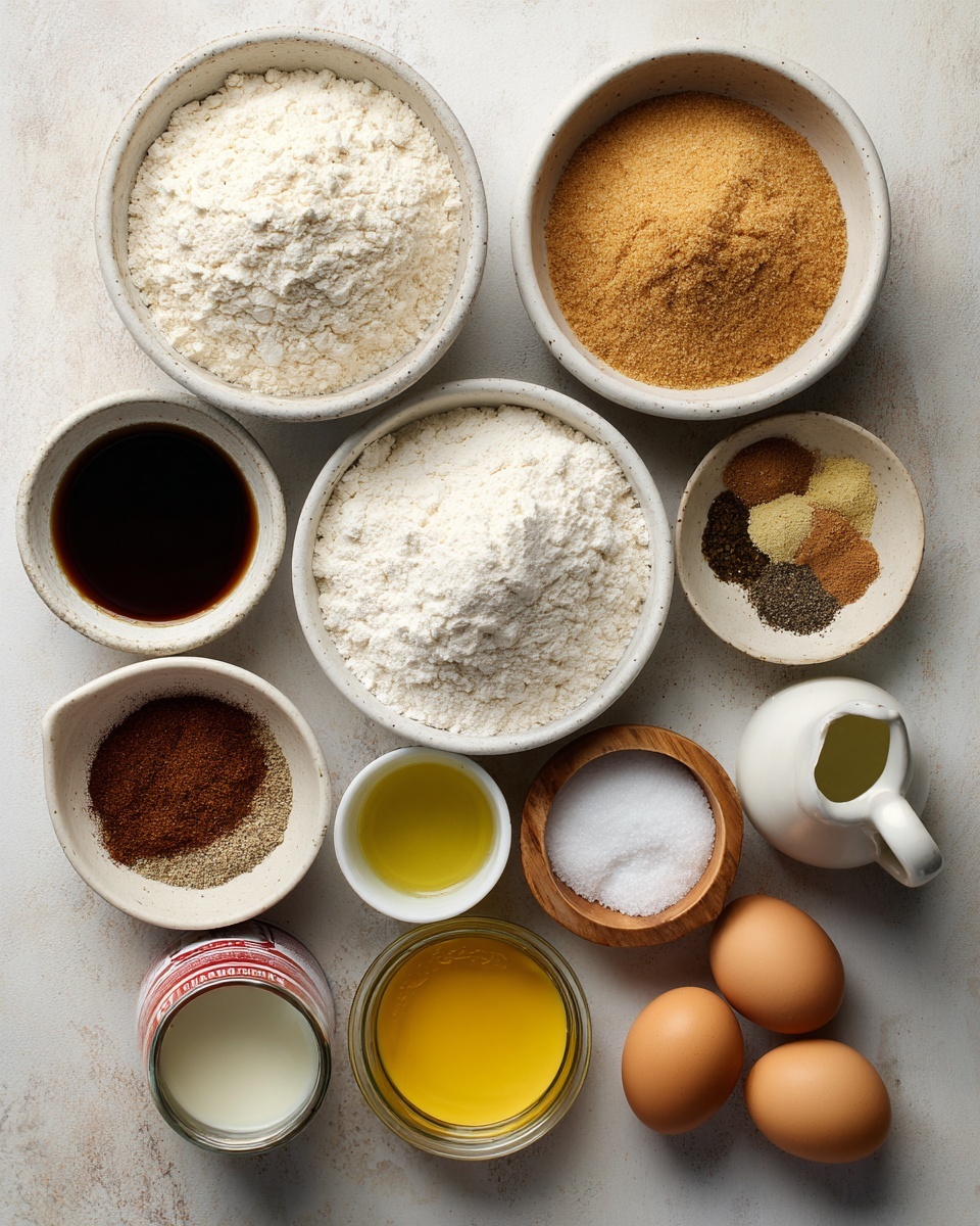 A top view of various baking ingredients arranged neatly on a white marbled texture, featuring one large white bowl filled with white all-purpose flour, a medium-sized white bowl divided into two sections with light brown sugar on the top half and white sugar on the bottom half, a smaller white bowl with a mix of different ground spices in shades of brown and black, a small white bowl of white baking soda and salt, a white cup with dark brown vanilla extract, a small white pitcher filled with golden yellow oil, a glass jar of white buttermilk with a wooden lid, a can of bright yellow pumpkin puree with a red and white label, and four light brown eggs placed in a cluster at the bottom right. All the containers are textured and rustic, placed closely together to create a warm and wholesome baking scene photo taken with an iphone --ar 4:5 --v 7