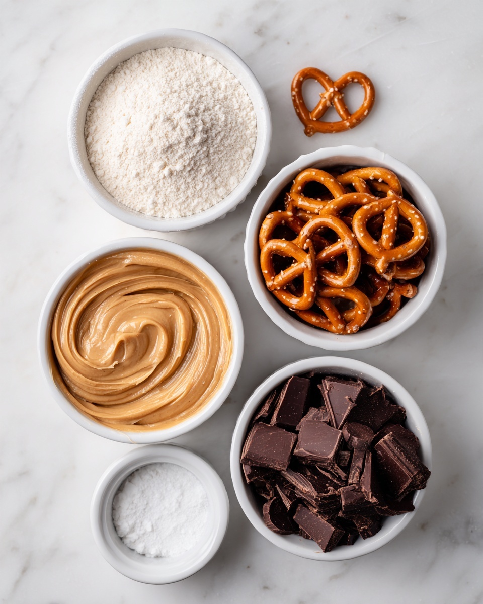 Five white ramekins are set on a white marbled surface. The top left ramekin holds a fine, off-white powder. To the right of it, another ramekin contains small salted pretzels. Below these, a larger ramekin is filled with smooth, creamy peanut butter. To the bottom left, a small ramekin holds a pinch of white powder, likely baking powder or baking soda. The bottom right ramekin is filled with chopped dark chocolate pieces. A very small empty white ramekin is placed near the center-right of the arrangement. photo taken with an iphone --ar 4:5 --v 7