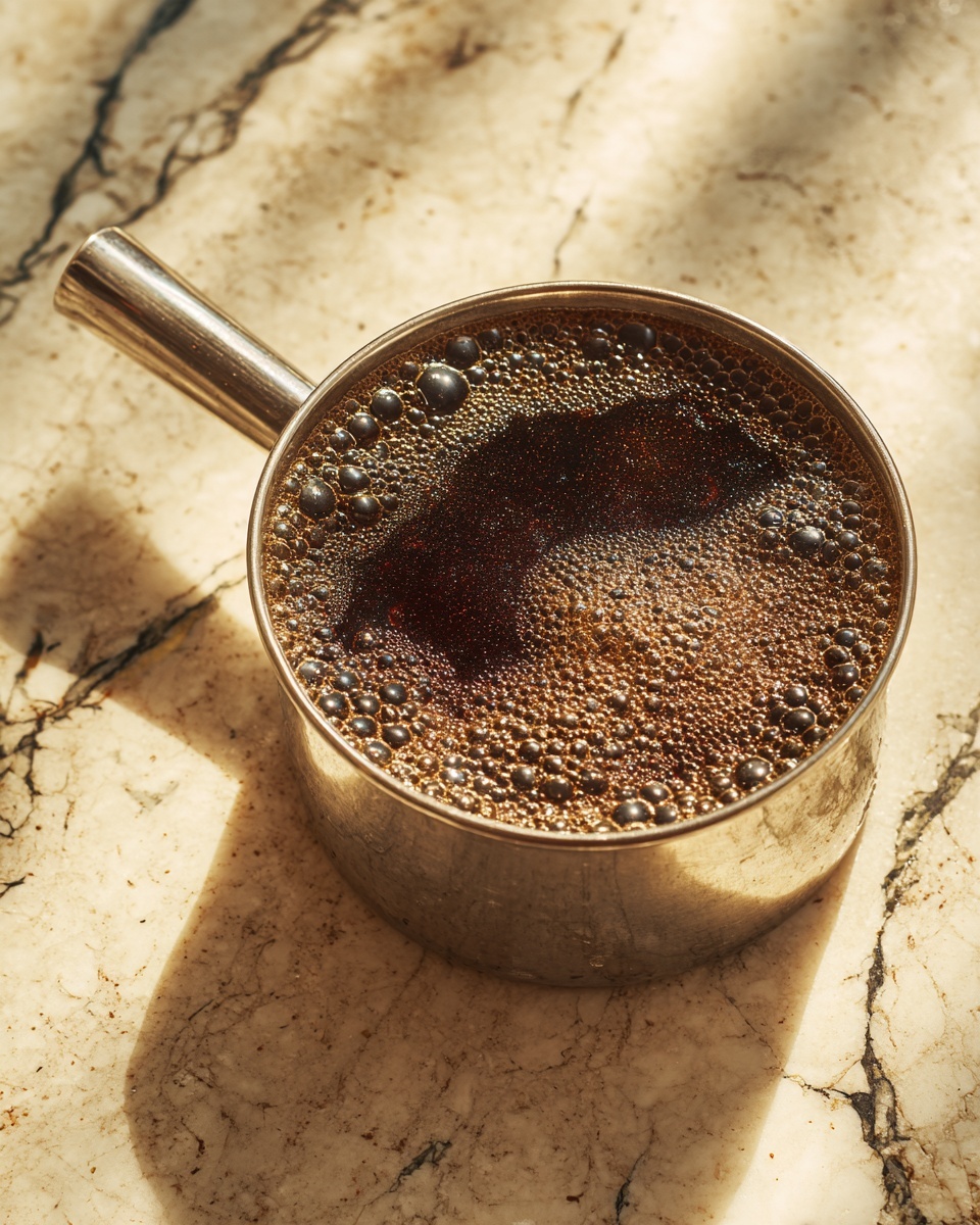 A close-up of a small metal pot filled with dark brown, bubbling liquid that has a frothy, textured surface with tiny bubbles and a slight shine from the light. The pot has a long handle extending towards the front right and sits on a white marbled surface with dark veins. The light hits the liquid from one side, creating reflections and a warm glow on the bubbling surface. Photo taken with an iphone --ar 4:5 --v 7
