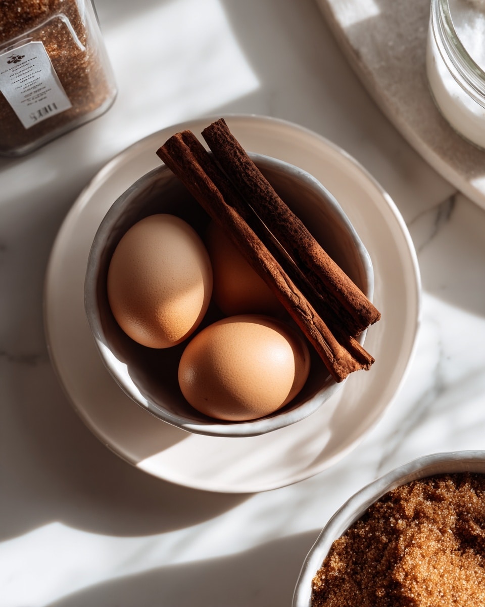 A small white bowl filled with sticks of cinnamon and three light brown eggs sitting on top, the cinnamon sticks are dark reddish brown with curled ends and rough texture; the bowl rests on a larger white plate with a slight shine, placed on a white marbled surface under warm natural light creating shadows. In the foreground, a partly open small glass bottle with a white label is visible, along with the edge of a white bowl full of brown sugar with a grainy texture. photo taken with an iphone --ar 4:5 --v 7