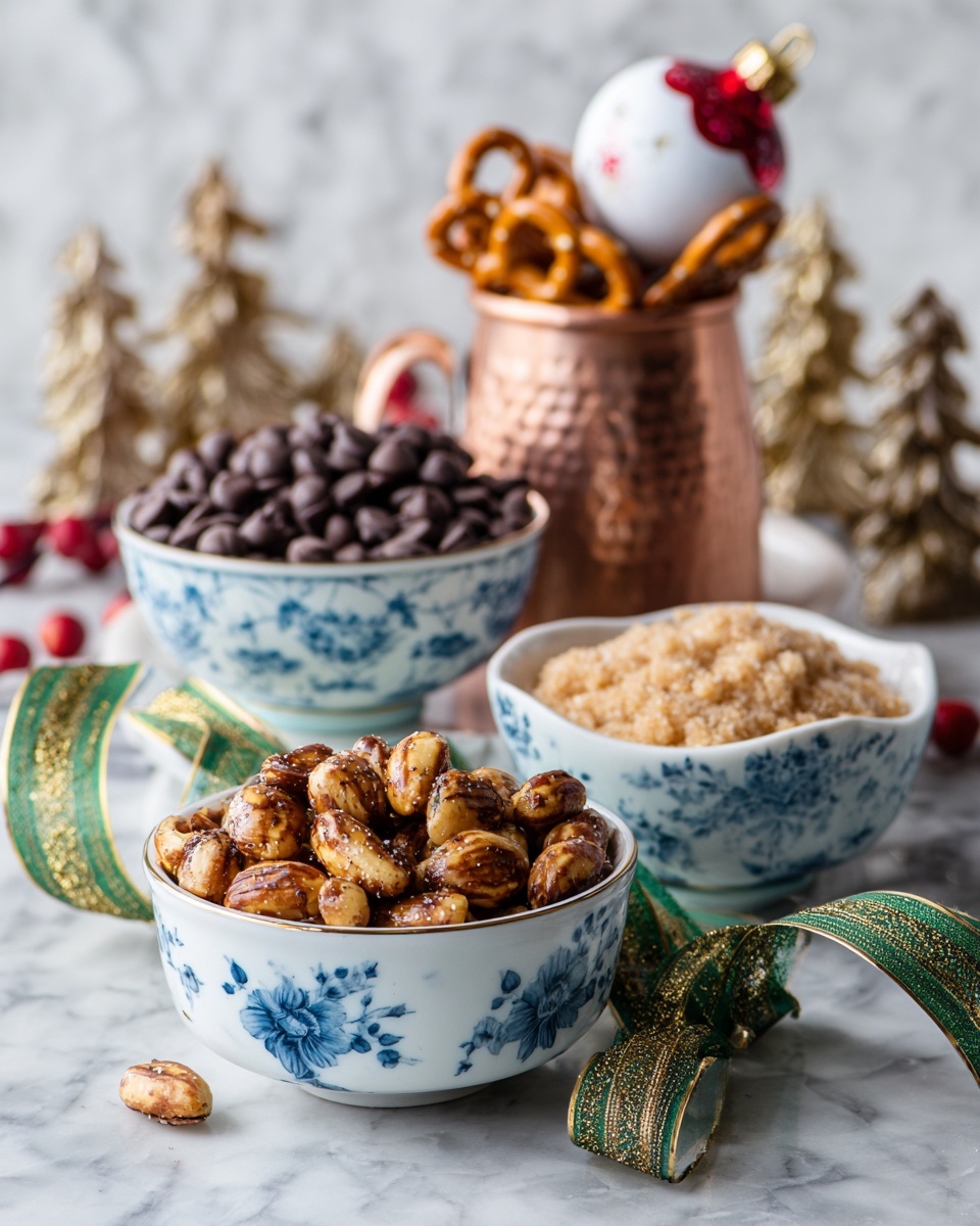 The image shows three white bowls with blue flower patterns, each filled with a different snack, placed on a white marbled surface. The bowl in the front holds salted peanuts with a green and gold ribbon partly wrapped around them. To the right, another bowl contains light brown sugar with a crumbly texture. In the back left, a bowl is filled with small dark chocolate chips, topped with a decorative white and red Christmas ornament. Behind the bowls, there is a copper mug filled with small pretzels and another identical ornament resting on top. A green and gold ribbon loops around the setup, adding a festive touch. Photo taken with an iphone --ar 4:5 --v 7