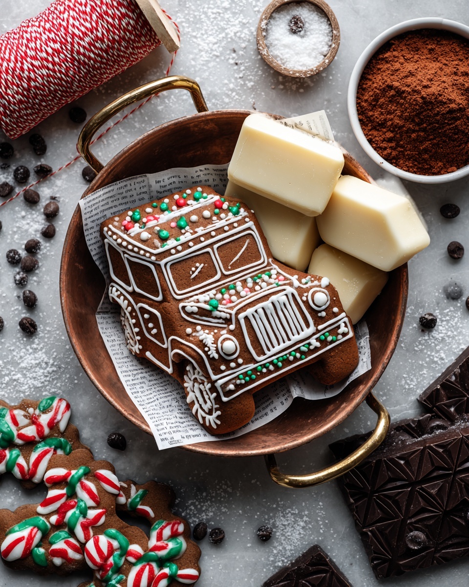 A gingerbread cookie shaped like a vehicle with detailed white icing outlining windows, doors, and grill, and topped with white sugar sprinkles and colorful small dots resembling snow rests on dark chocolate chips inside a copper bowl with a handle. Below, three pale yellow butter blocks are stacked on open white parchment paper with text, placed near a spool of red and white twine. To the right, partially wrapped dark chocolate with a raised geometric pattern is visible, along with a white bowl filled with cocoa powder. Decorated gingerbread cookies shaped like candy canes, with red, white, green, and brown icing, are scattered on a dark surface. The whole setting is on a white marbled texture. Photo taken with an iphone --ar 4:5 --v 7